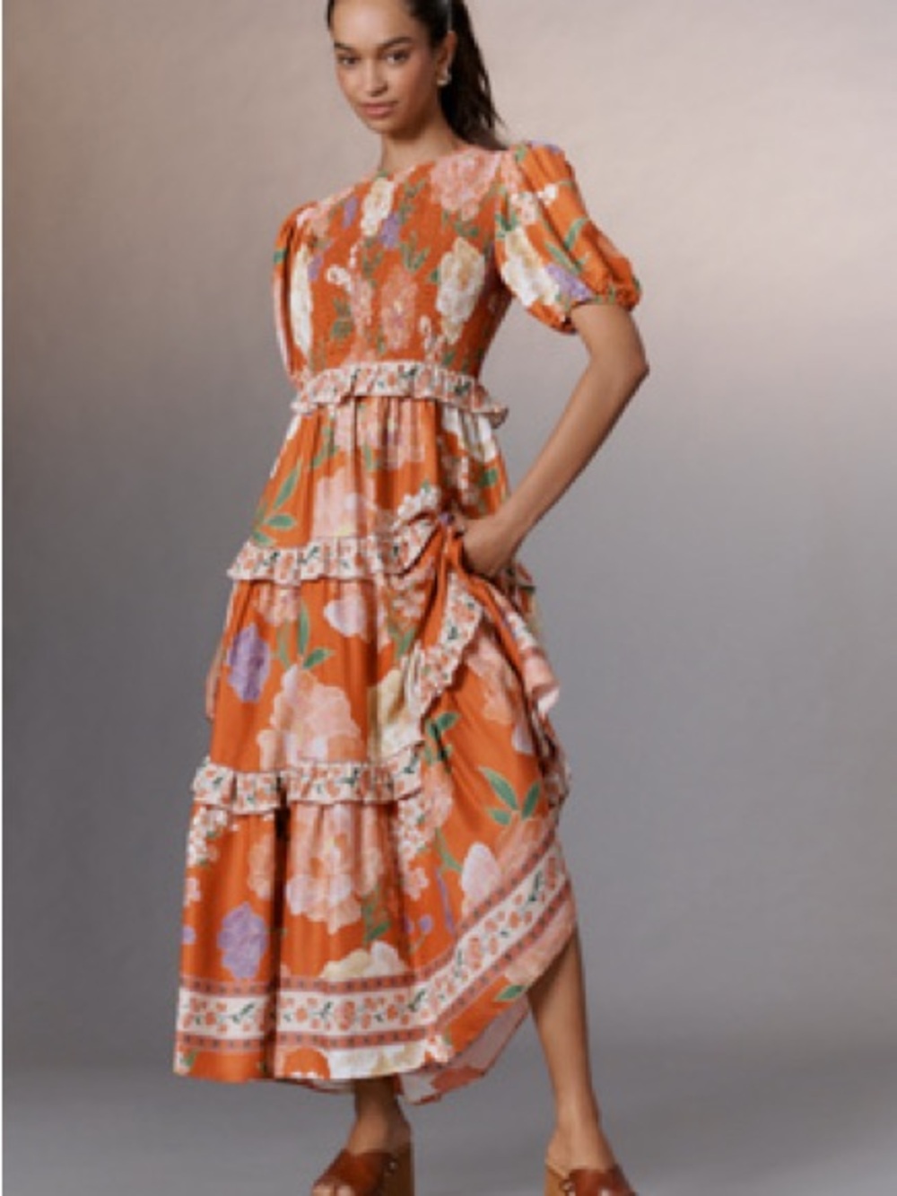 FARM Rio Orange Floral Tiered Maxi Dress with Puff Sleeves
